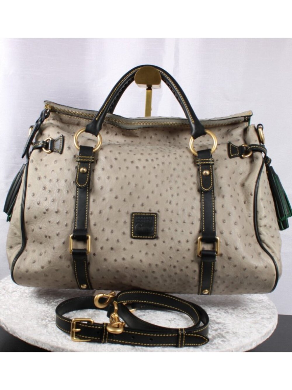 Dooney & Bourke Ostrich Embossed Leather Satchel Gray Black Tassels Crossbody